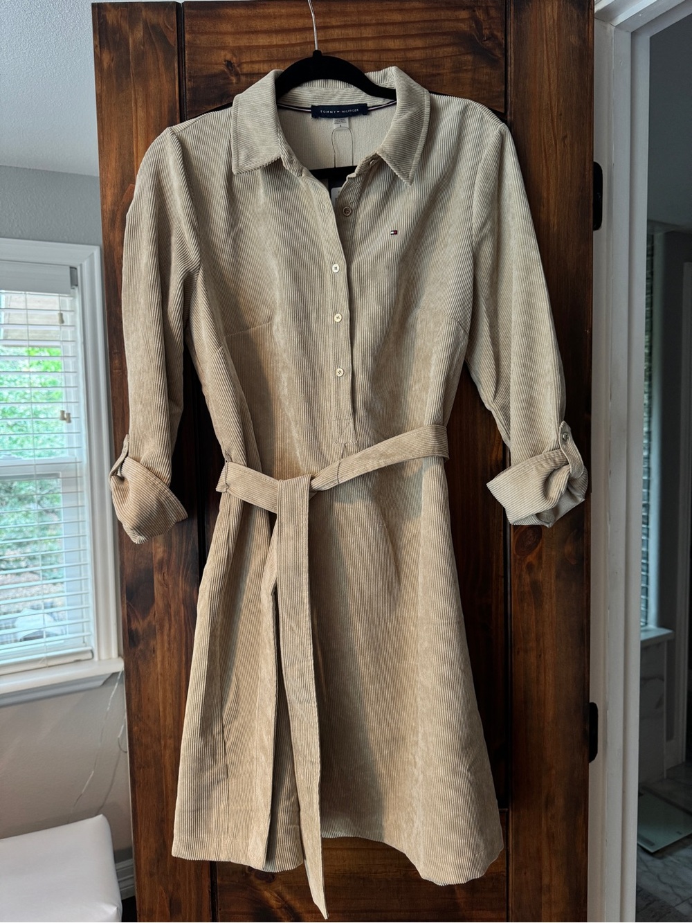 Tommy Hilfiger Beige Corduroy Midi Shirt Dress with Tie Belt